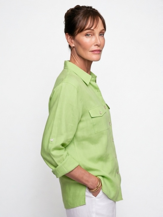 Studio Works Tops - Studio Works Bright Lime Green Collared Linen Top